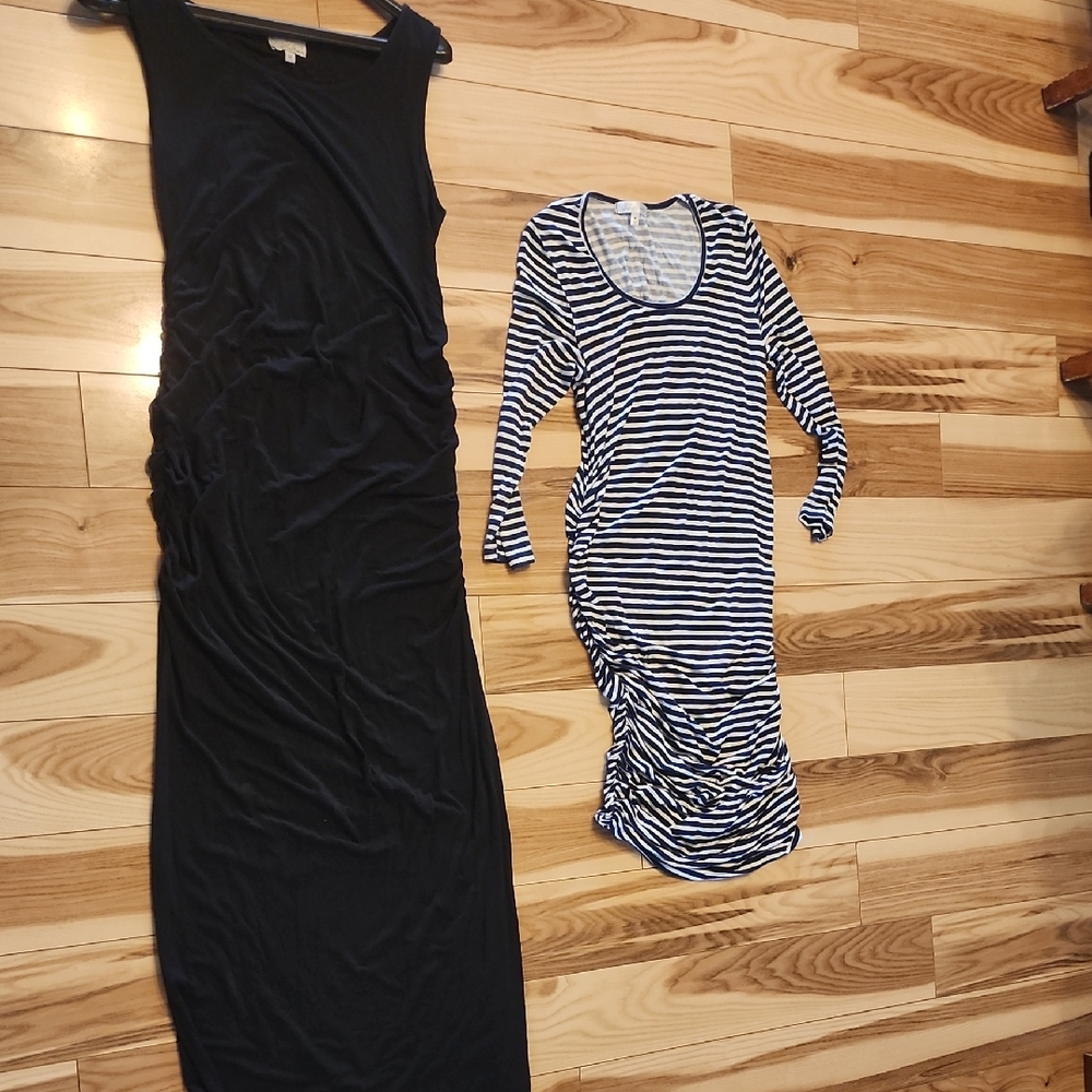 Maternity Black Sleeveless Maxi Dress & Striped Blue/White Dress- Medium